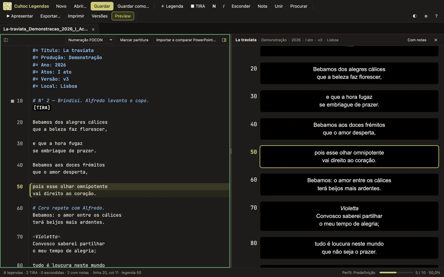 O mesmo editor em tema escuro, com a numeração FOCON na margem