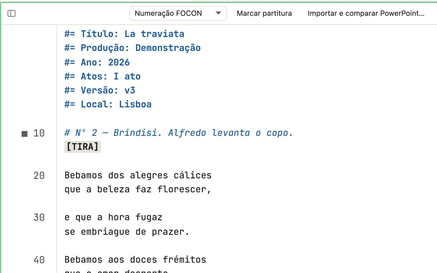Plano aproximado do texto das legendas no editor, com notas, [TIRA] e itálico
